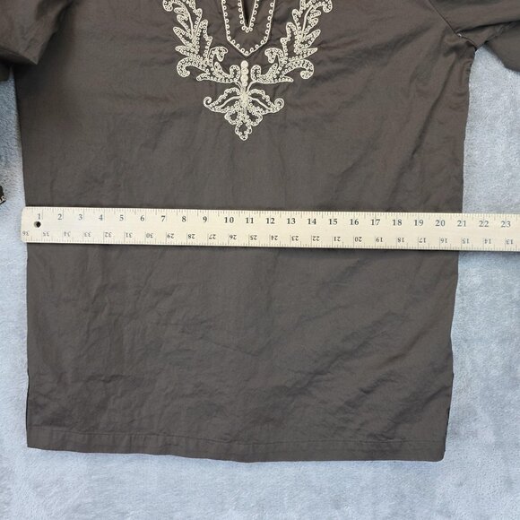 I. Magnin Shirt Womens Medium Brown Embroidered Tunic Boho 3/4 Sleeve Split Neck - Picture 7 of 10